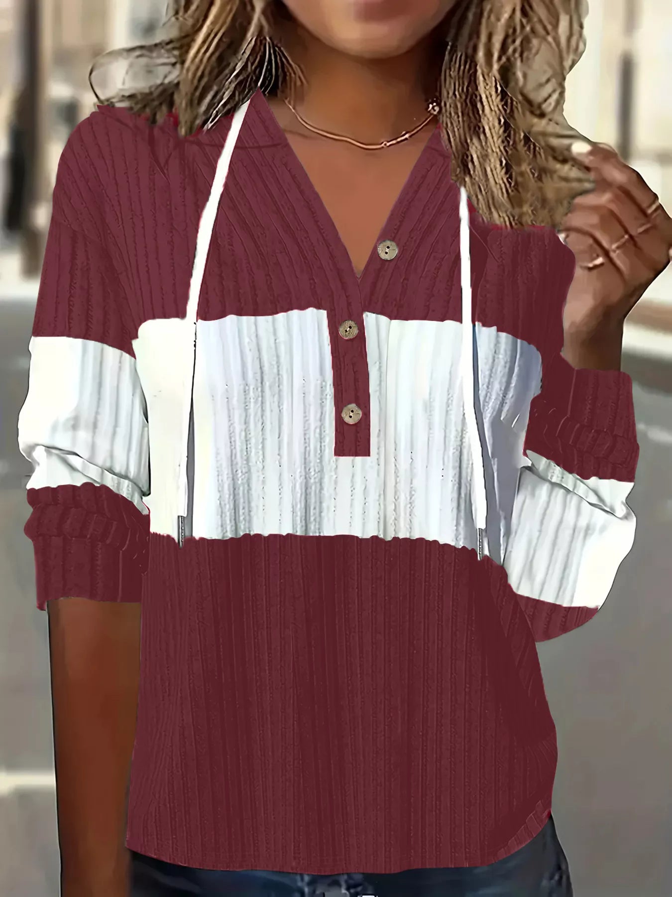 Color Block Drawstring Long Sleeve Hoodie – Casual Cozy Pullover