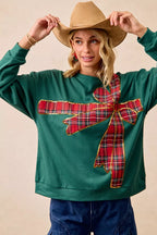 BiBi Plaid Ribbon Bow Christmas Fleece Pullover – Festive Cozy Holiday Top