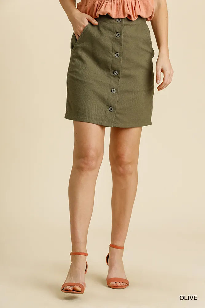 Olive Green Button-Front Mini Skirt High Waist with Side Pockets