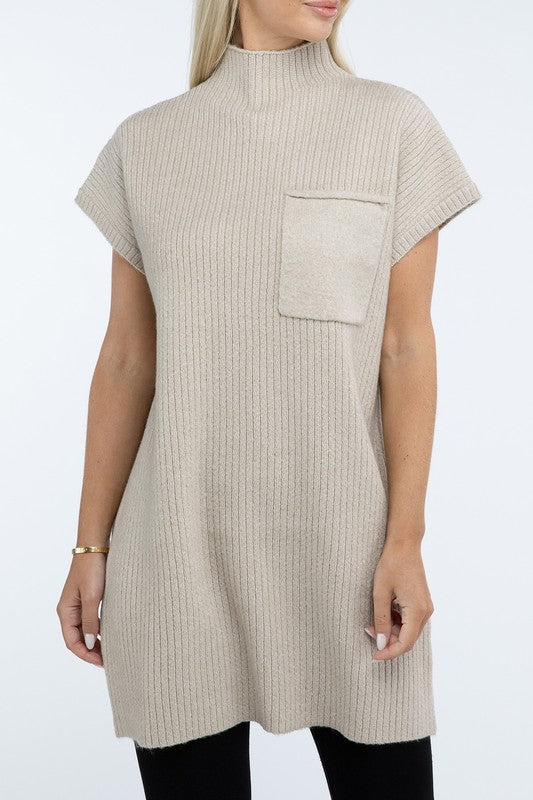 Zenana Mock Neck Short Sleeve Sweater Dress with Pocket