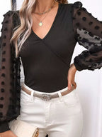 Mesh Sleeve Ribbed V-Neck Top – Chic Stylish Casual Blouse