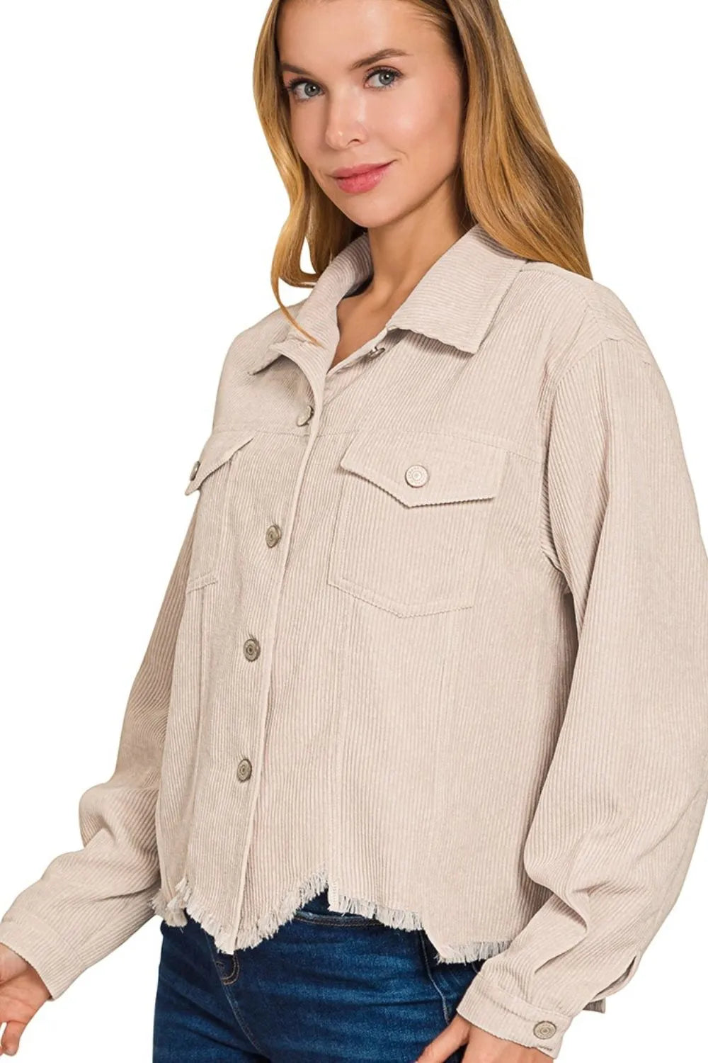 Beige Corduroy Cropped Jacket – Distressed Hem & Chest Pockets
