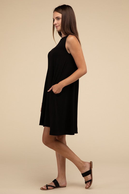 Zenana Sleeveless Flared Dress with Side Pockets