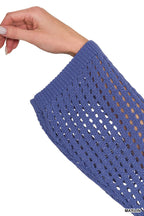 Marlin blue open-knit sweater sleeve close-up with breathable dot pattern