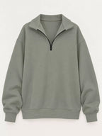 Oversized zip-neck sweatshirt, olive-gray, half-zip front with stand collar