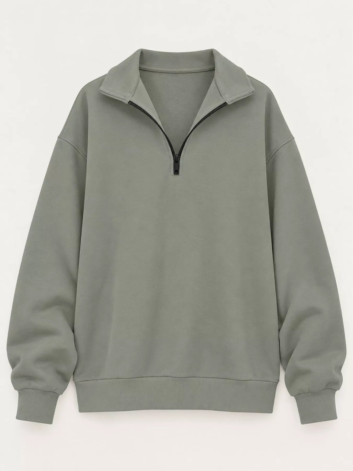 Oversized zip-neck sweatshirt, olive-gray, half-zip front with stand collar