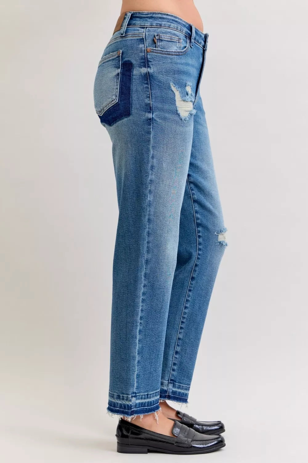 Judy Blue Mid Rise Boyfriend Patch & Repair Jeans – Edgy Denim Style