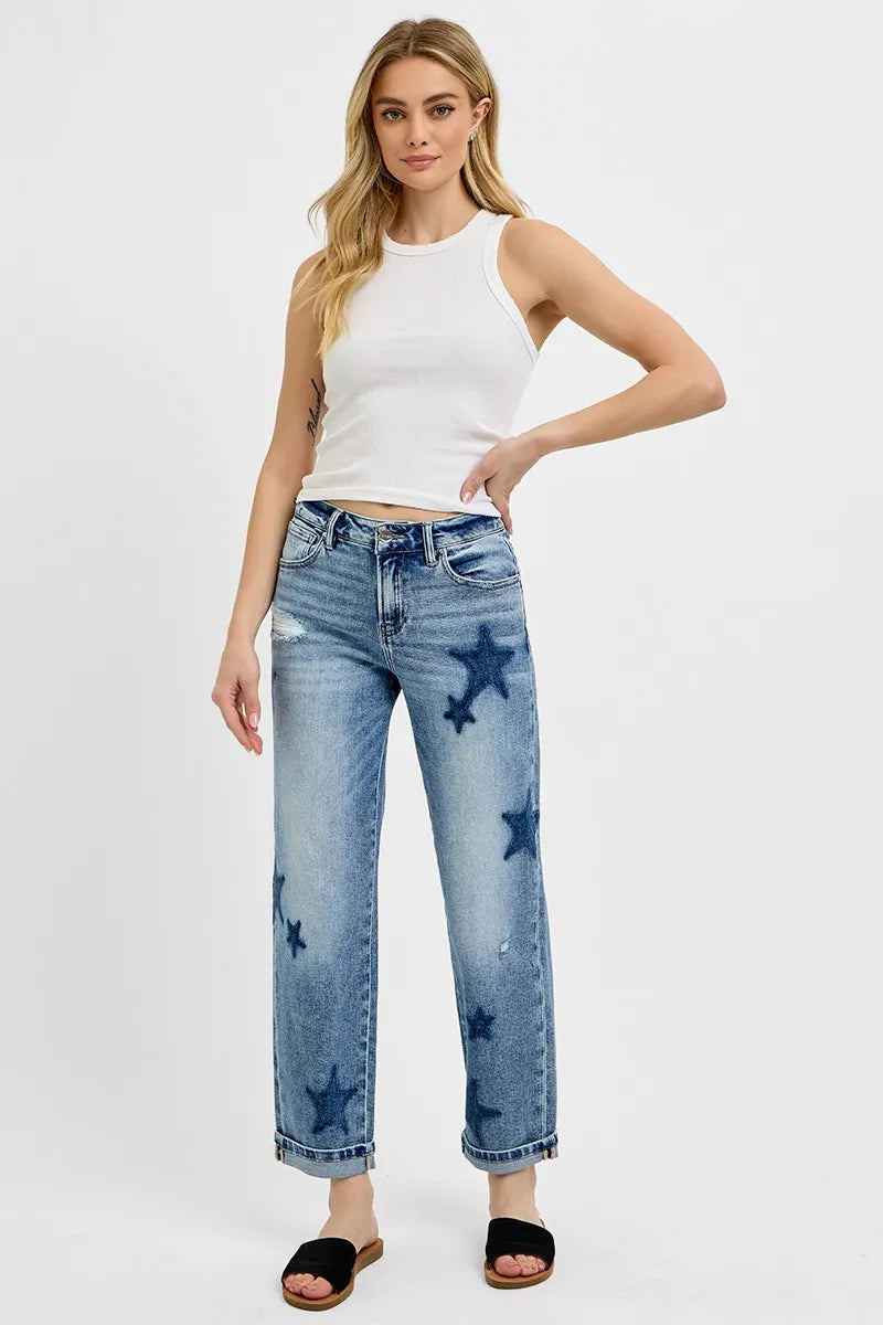 Dreamkue-Risen Women's Mid Rise Boyfriend Jeans with Star Shadow Detail and Cuffed Hem