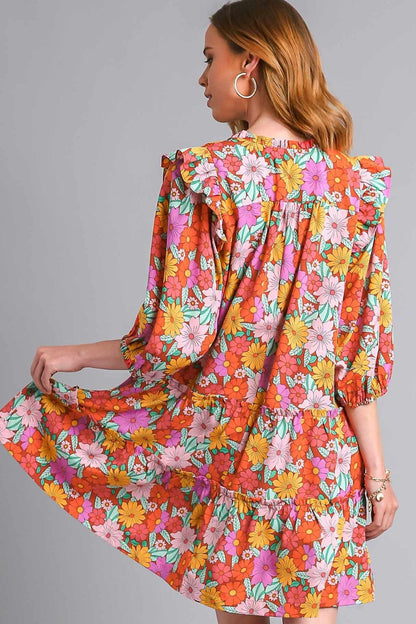 Umgee Ruffled Flower Print Tie Neck Tiered Dress