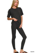Black short-sleeve top with matching slim leggings, plus size loungewear set