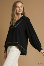 Linen Scallop Hem Blouse with Contrast Trim | Chic Women’s Casual Top