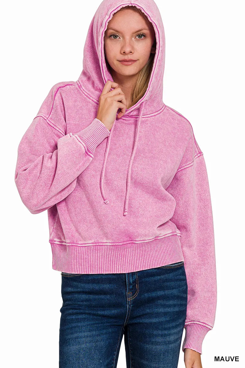 Acid Wash Fleece Cropped Hoodie with Drawstring – Trendy & Cozy