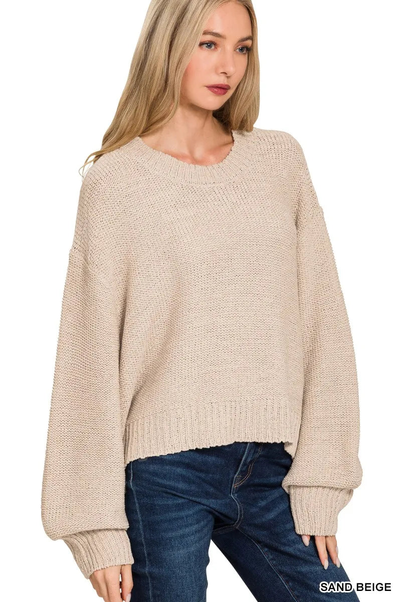Sand Beige Oversized Pullover Sweater – Cropped Knit with Balloon Sleeves