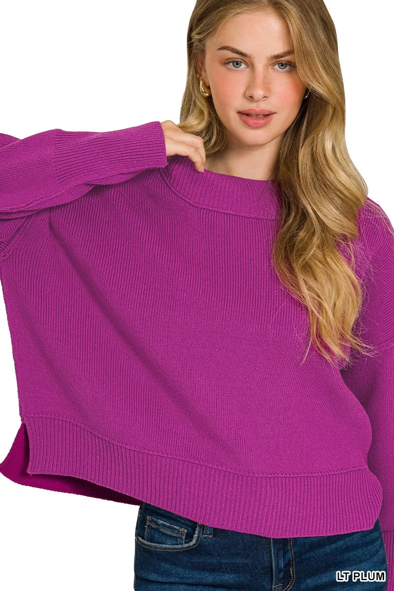 Purple Ribbed Cropped Pullover Sweater – Oversized Fit, Soft Knit