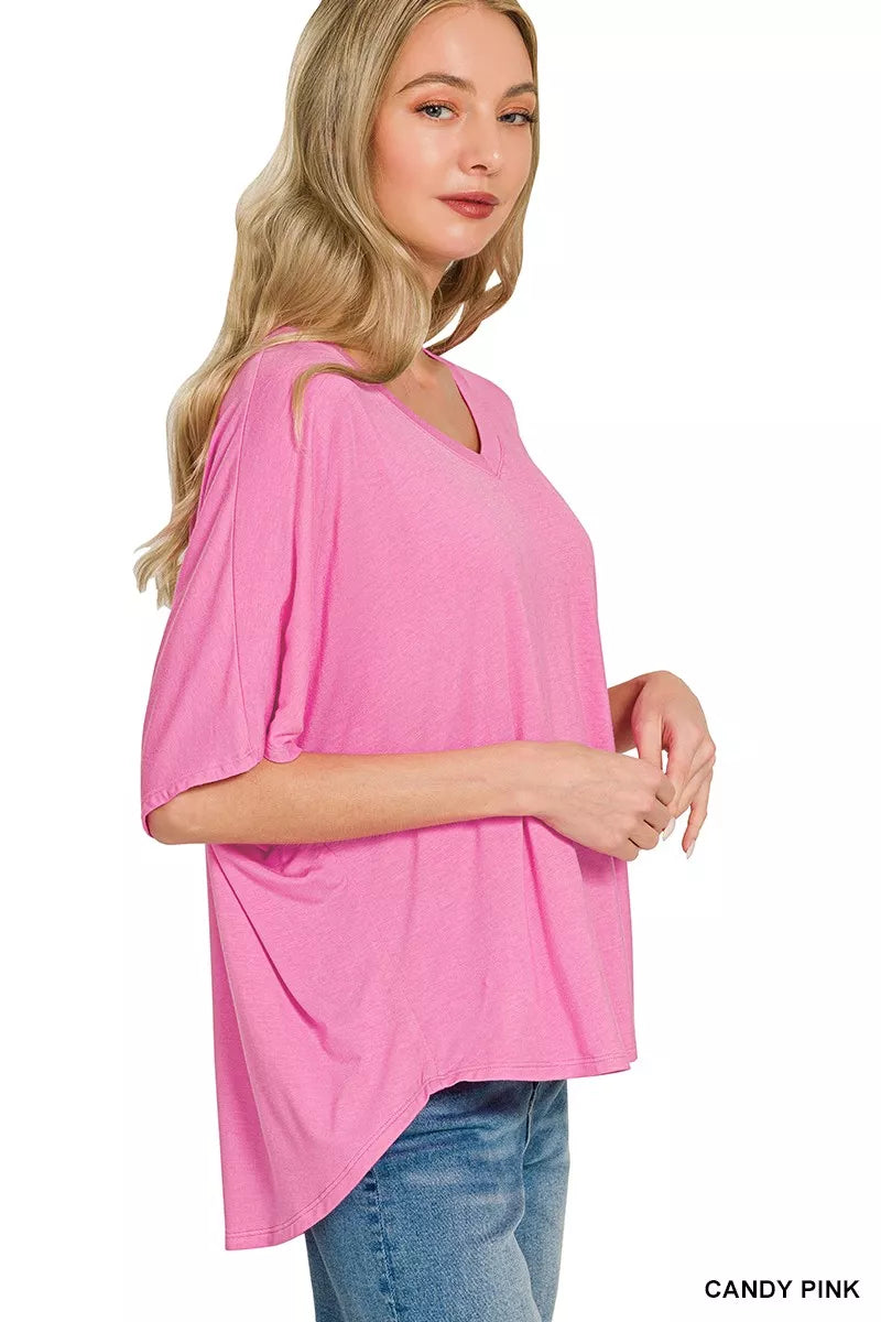 Candy pink V-neck oversized top with relaxed elbow sleeves