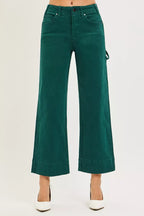 Hunter green high-rise wide-leg crop jeans for women, back pockets, button closure