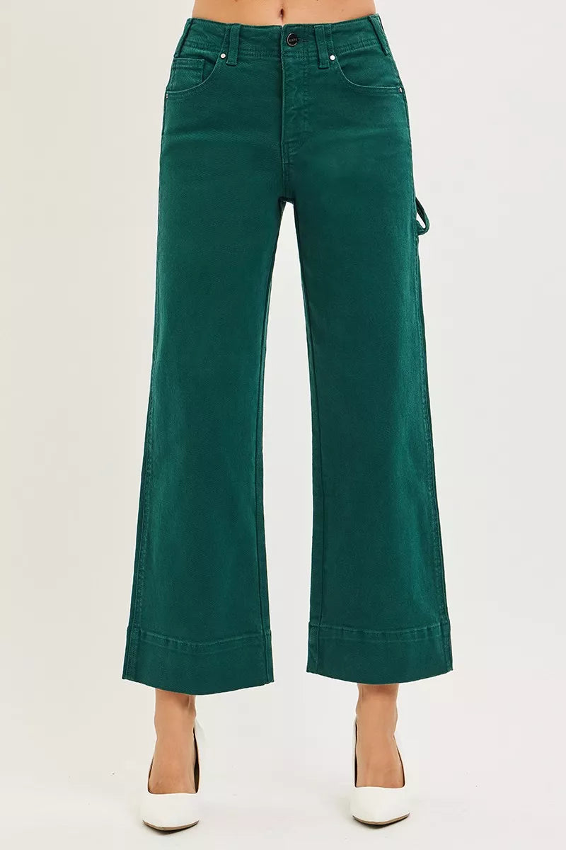Hunter green high-rise wide-leg crop jeans for women, back pockets, button closure