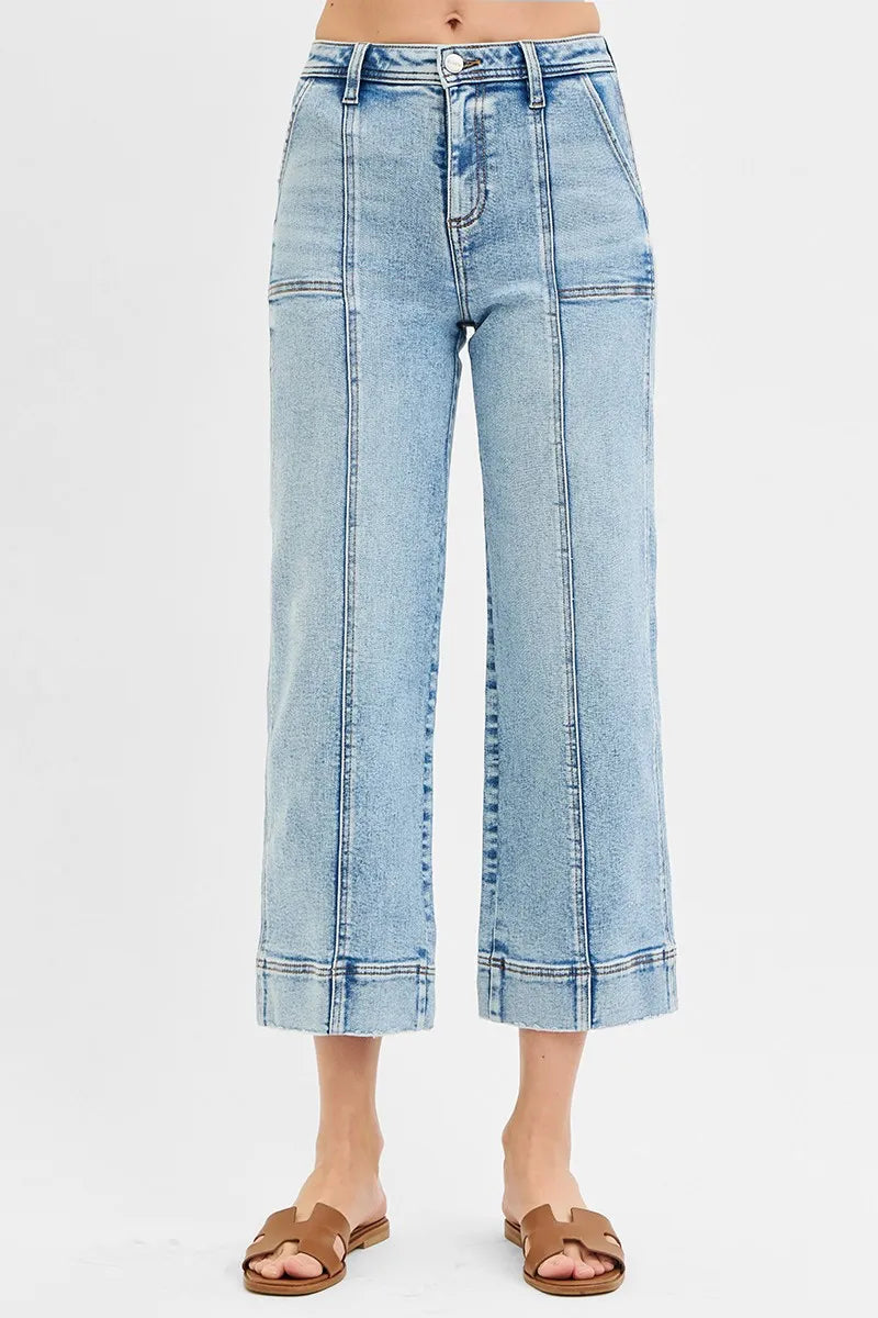 Light Wash Wide Leg Jeans – High Waist Contrast Stitch Cropped Fit