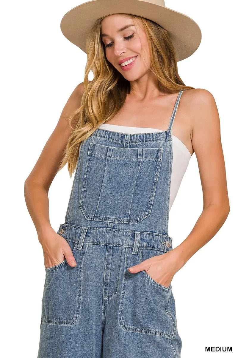 Medium Washed Wide Leg Denim Overalls | Women’s Retro Casual Jeans