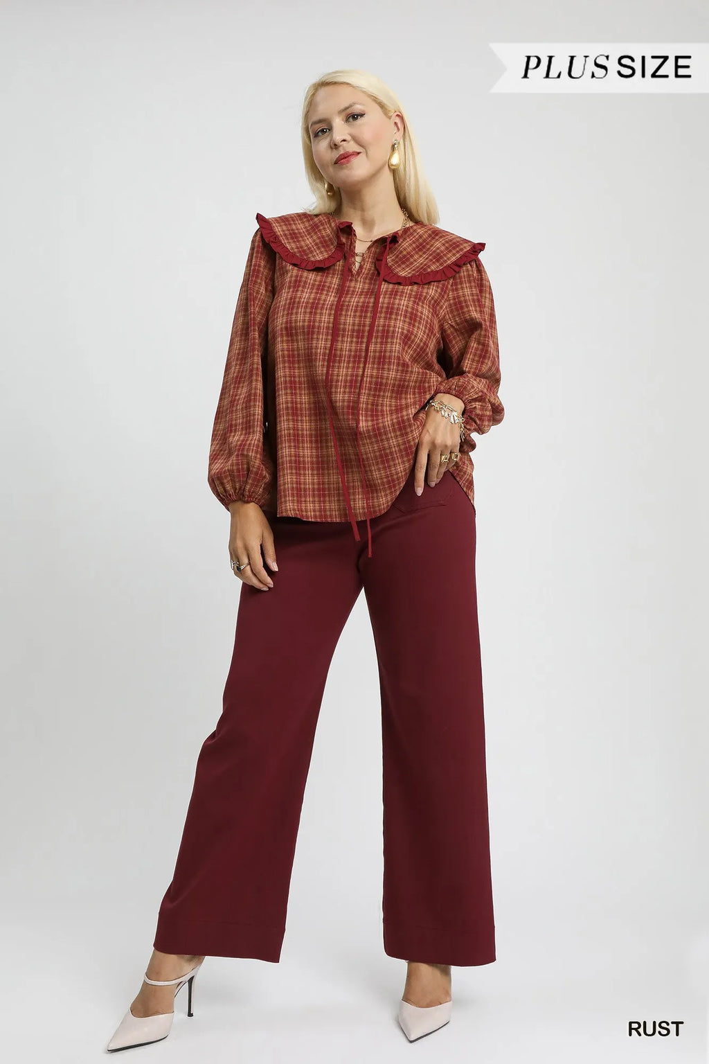 Rust Plaid Ruffle Collar Plus Blouse Vintage Women’s Fall Winter Top