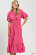 Peony ruffle V-neck midi dress with puff sleeves and tiered skirt, front view