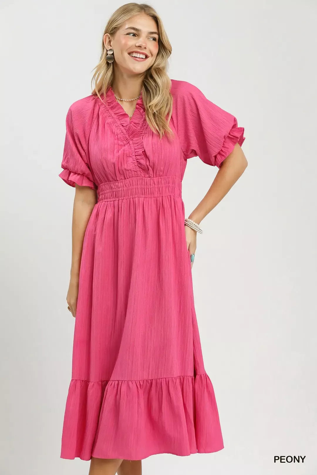 Peony ruffle V-neck midi dress with puff sleeves and tiered skirt, front view