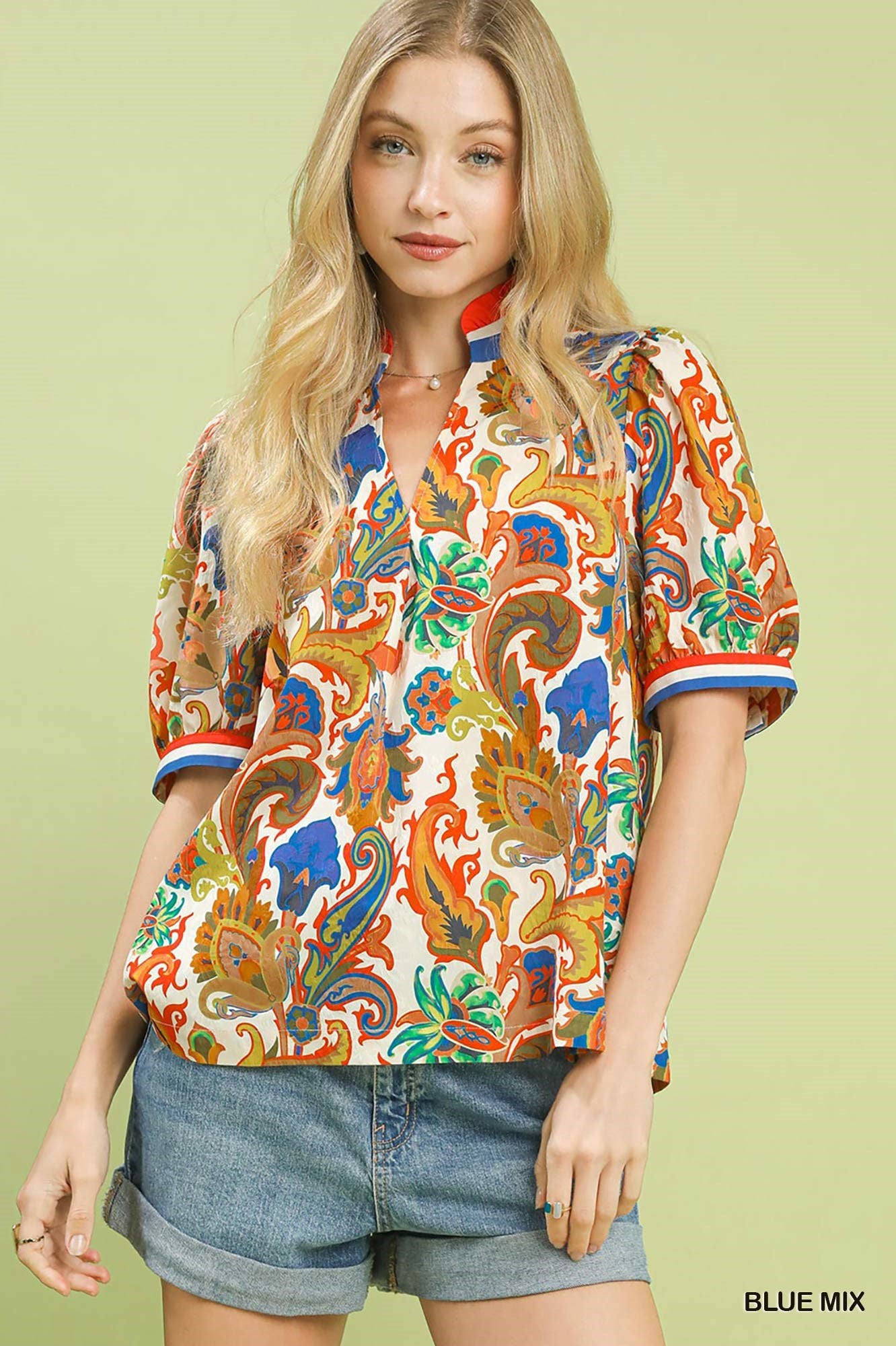 Paisley print v-neck boho blouse with blue-trim short sleeves, multicolor