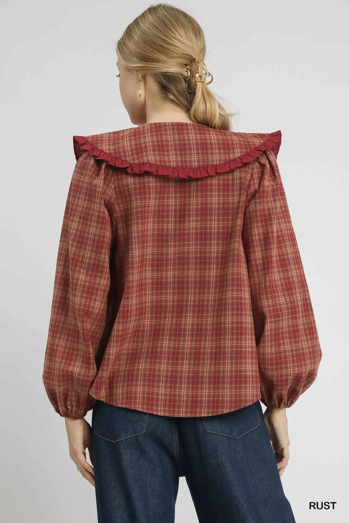 Rust Plaid Ruffle Collar Plus Blouse Vintage Women’s Fall Winter Top