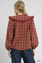 Rust Plaid Ruffle Collar Plus Blouse Vintage Women’s Fall Winter Top