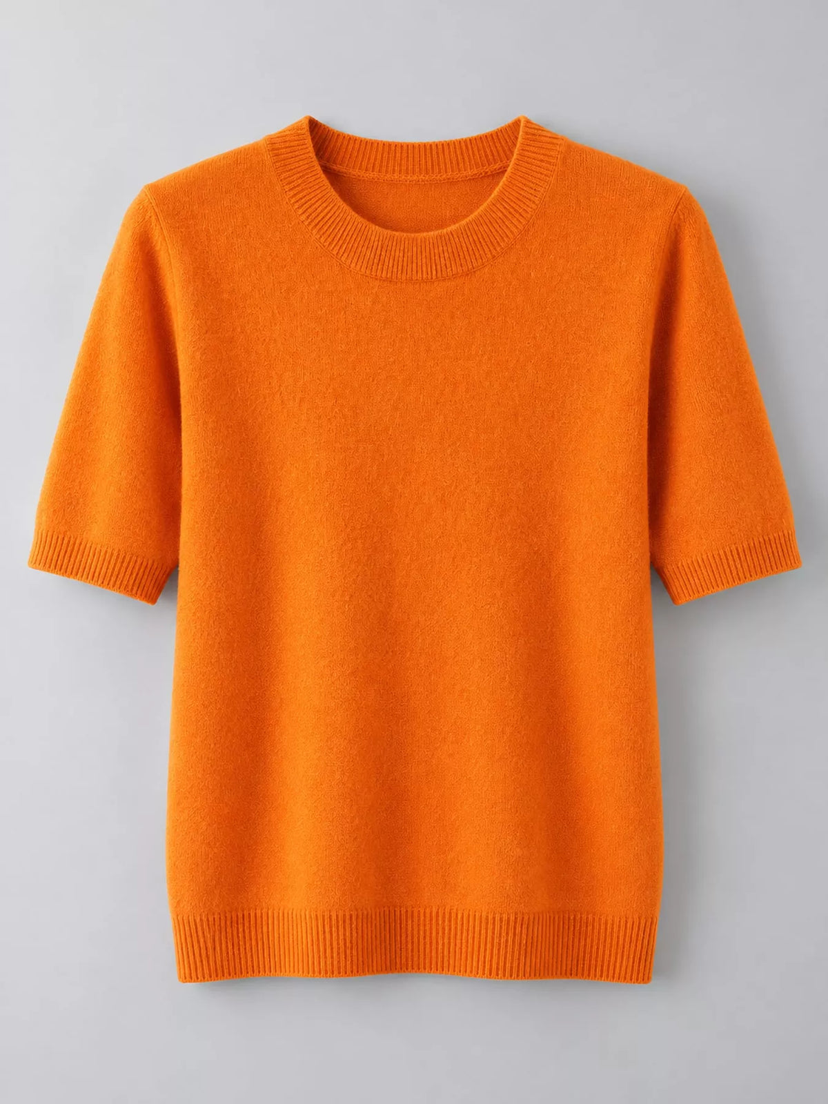 Bright orange round-neck short-sleeve sweater with ribbed hem and cuffs