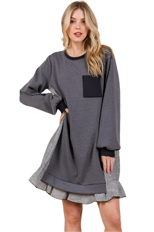 Ces Femme Striped Patchwork Round Neck Terry Sweatshirt Dress