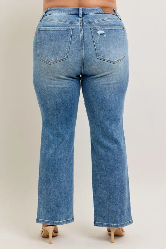 Medium blue high-waist straight jeans, back view with two back pockets and seams
