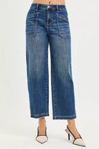 Women’s dark wash cropped baggy jeans, front view, wide straight legs