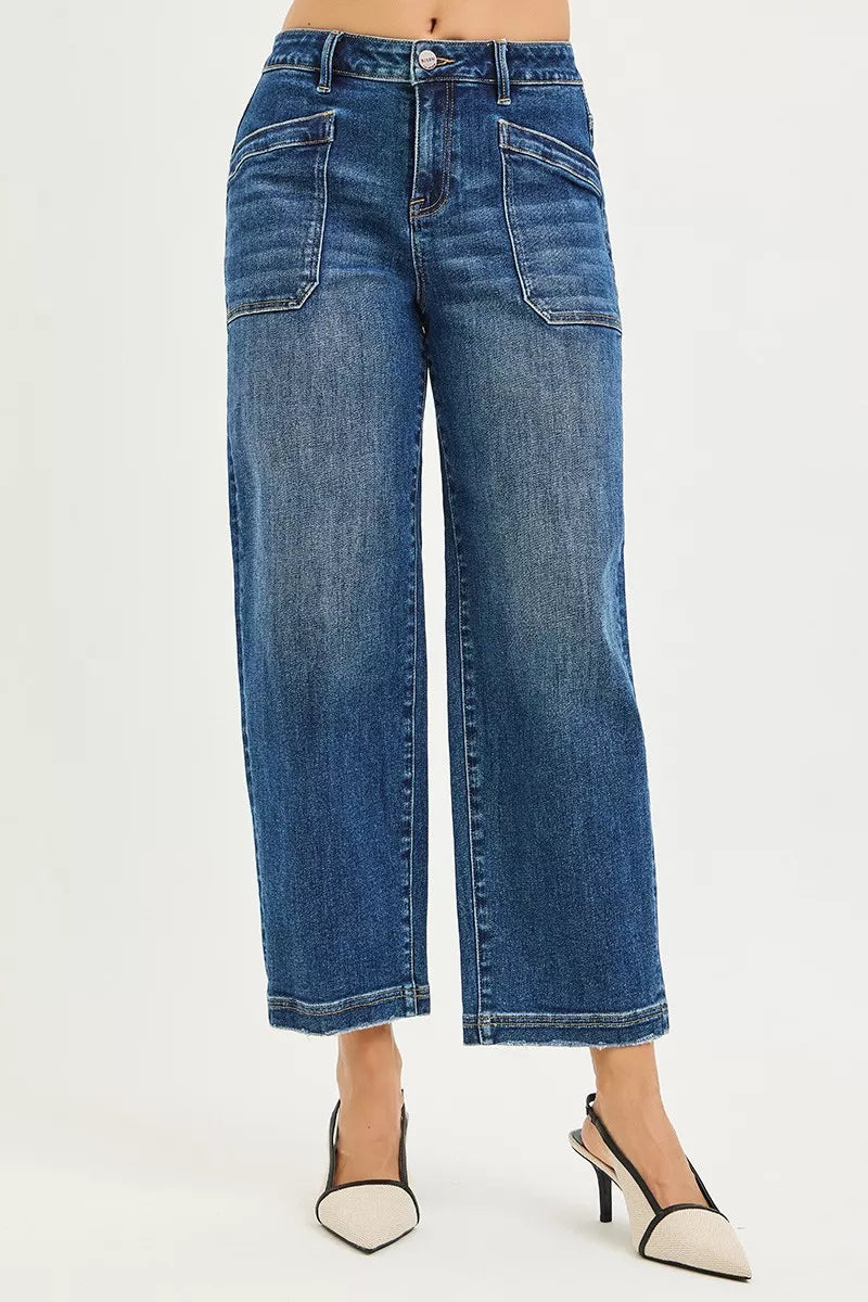 Women’s dark wash cropped baggy jeans, front view, wide straight legs
