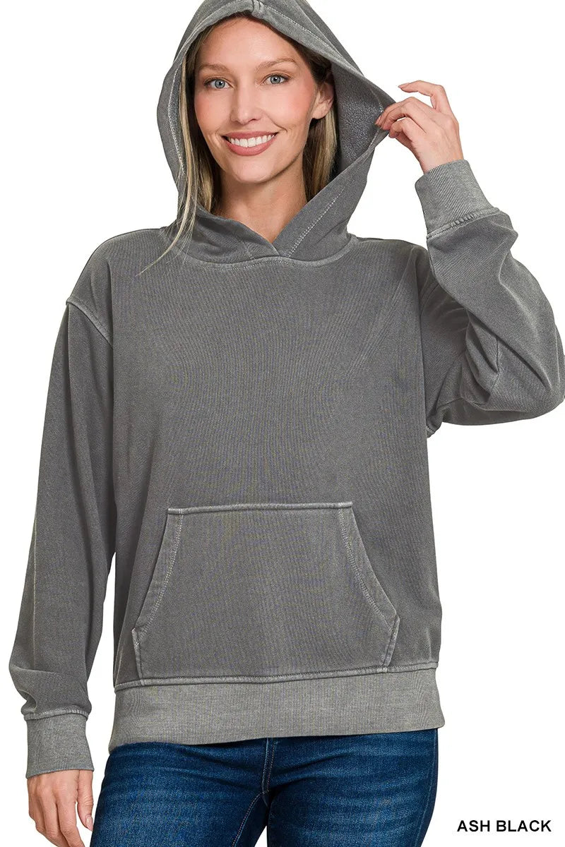 Fleece Pigment Dye Kangaroo Pocket Hoodie – Vintage Cozy Style