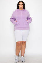 Lavender hooded quarter-zip hoodie with kangaroo pocket and relaxed hem