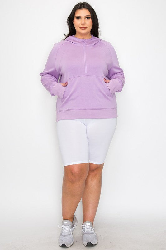 Lavender hooded quarter-zip hoodie with kangaroo pocket and relaxed hem