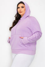 Lavender hooded quarter-zip hoodie with kangaroo pocket, side view