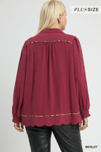 Linen Scallop Hem Blouse Contrast Trim Elegant Women’s Casual Plus Top