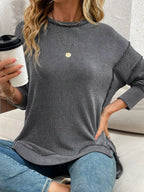 Side Slit Round Neck Dropped Shoulder Sweatshirt – Relaxed Casual Fit