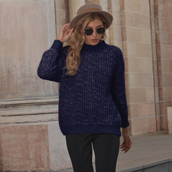 Hope Horizon Navy Blue Frenchy Shine Mock Neck Sweater