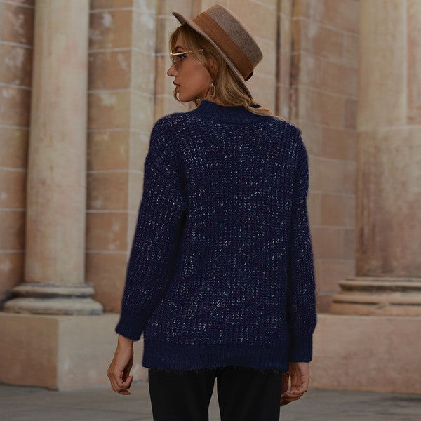 Hope Horizon Navy Blue Frenchy Shine Mock Neck Sweater