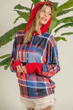Plaid Brushed Rib Contrast Thumb Open Hoodie – Cozy Casual Layer