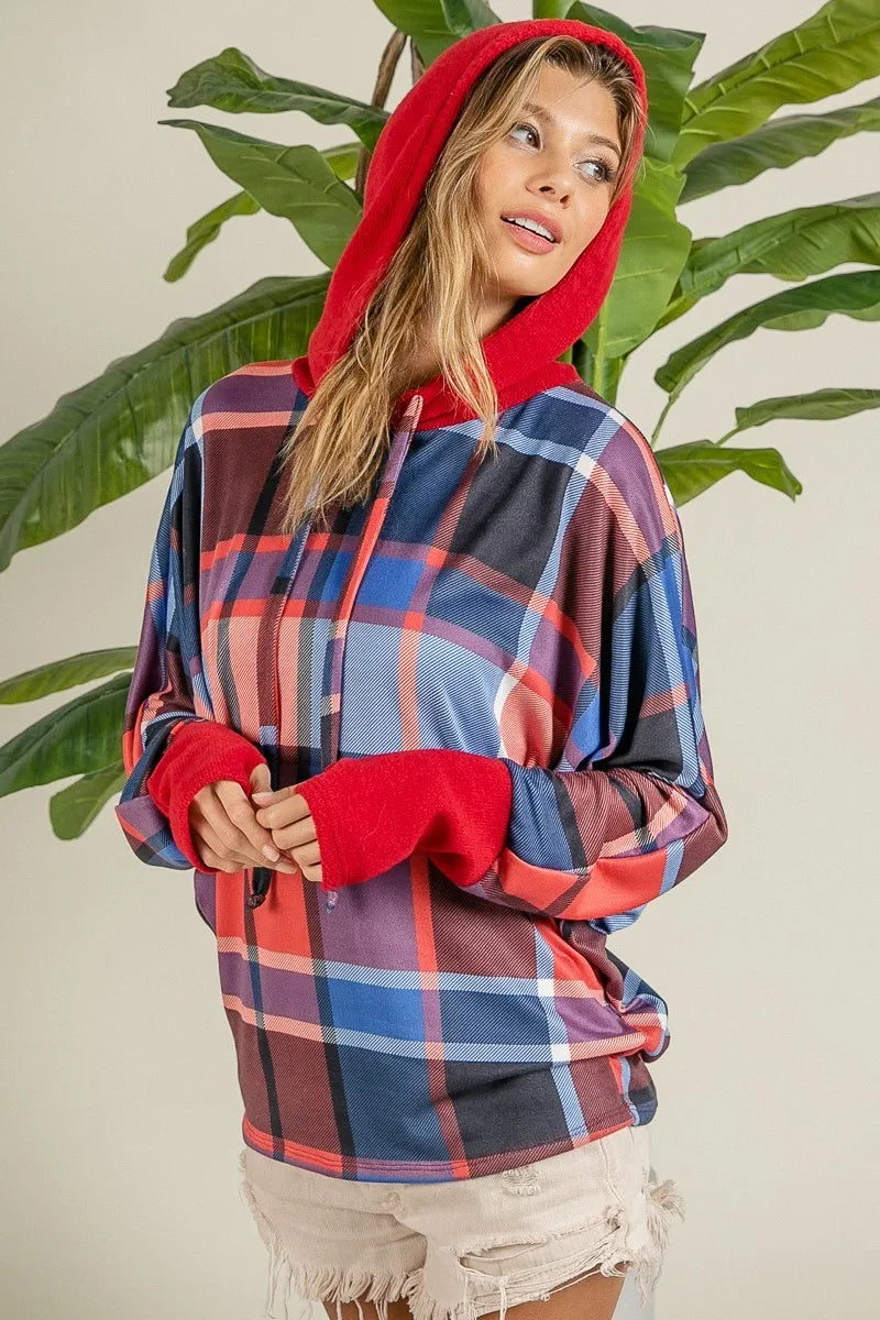 Plaid Brushed Rib Contrast Thumb Open Hoodie – Cozy Casual Layer