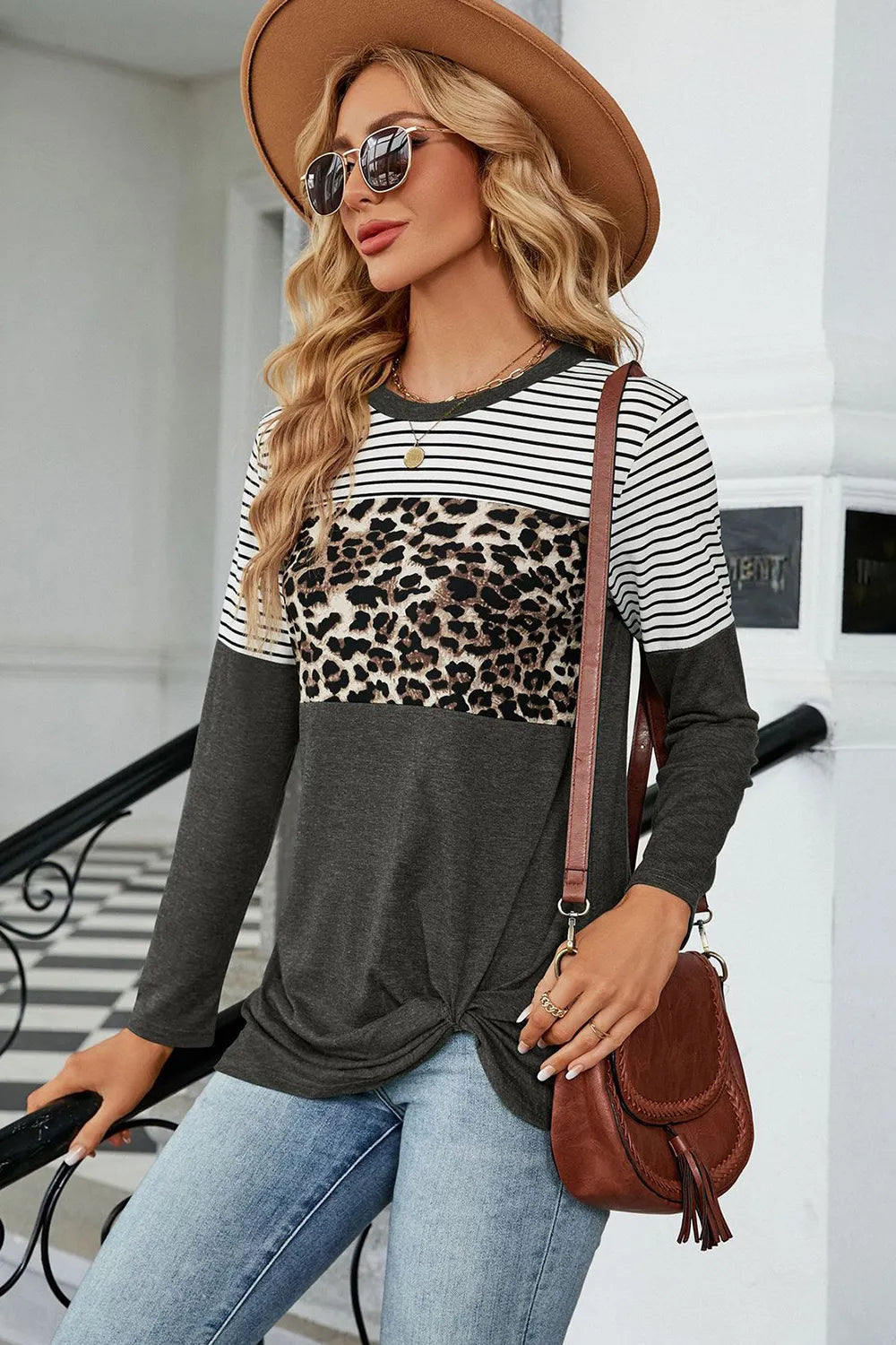 Leopard Striped Round Neck T-Shirt – Casual Chic Everyday Top