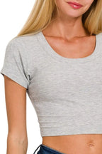 Heather Gray Ribbed Crop Top – Scoop Neck, Cap Sleeves & Stretch Fit