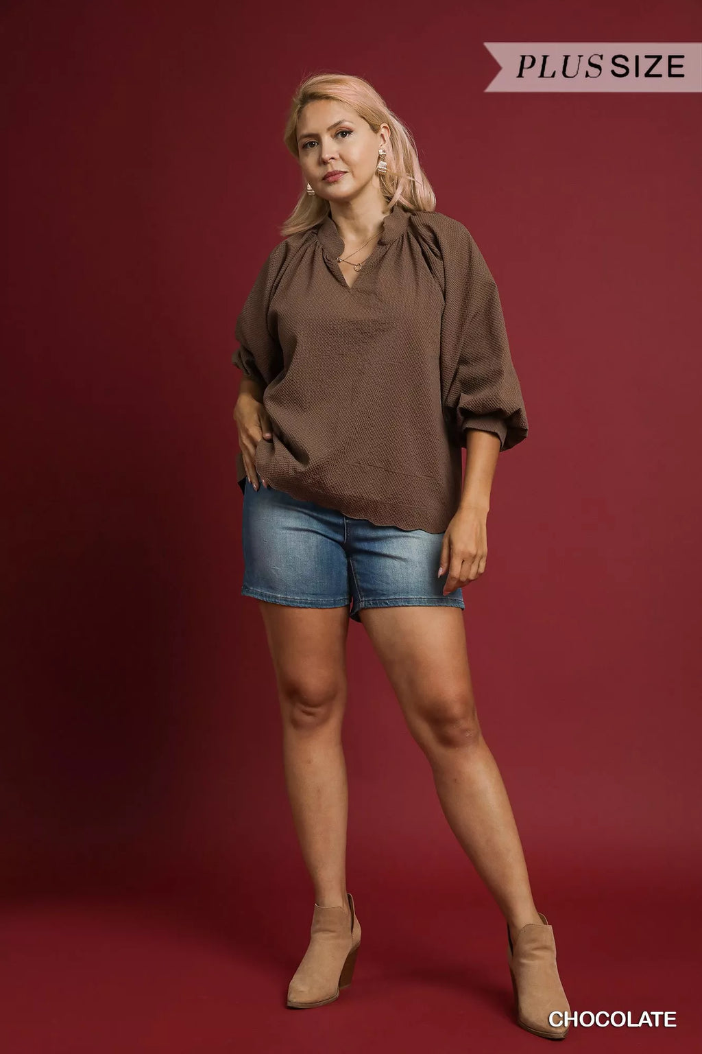 Textured Notched Balloon Sleeve Blouse – Chic & Feminine Top