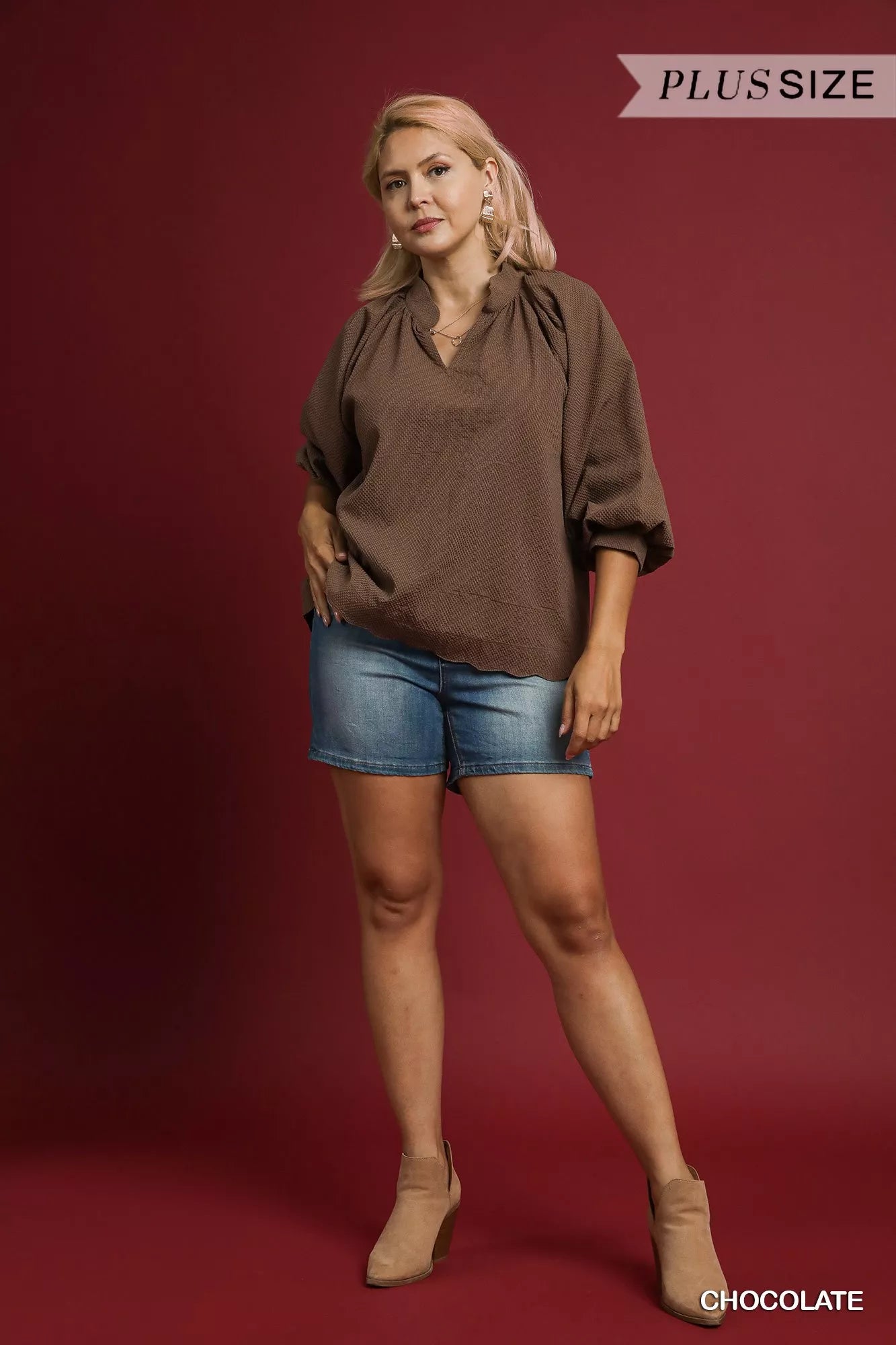 Textured Notched Balloon Sleeve Blouse – Chic & Feminine Top