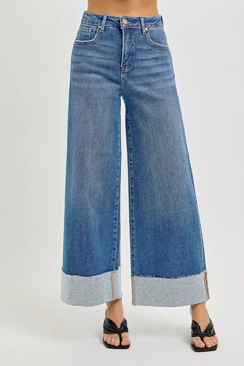 Tummy Control High Rise Crop Wide Cuffed Jeans | Slimming Trendy Fit
