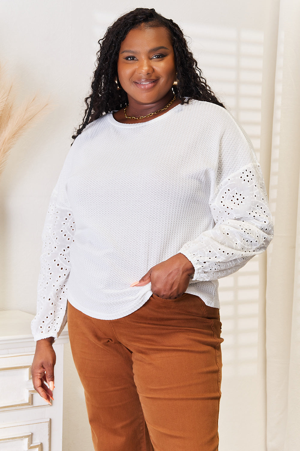 Eyelet Round Neck Blouse – Dropped Shoulders & Feminine Detailing